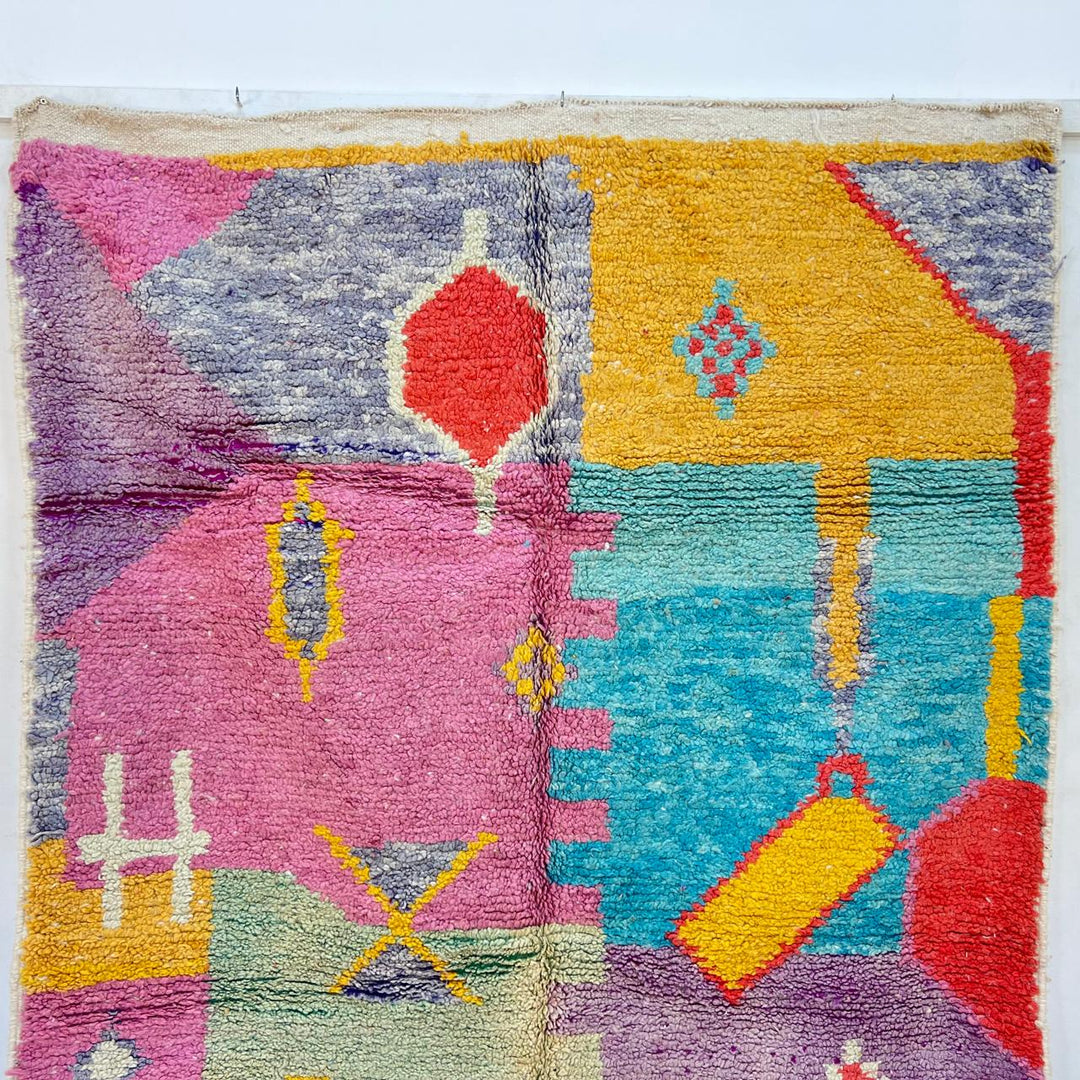 Vintage Moroccan wool rug with colorful Berber geometric patterns, handmade abstract area rug
