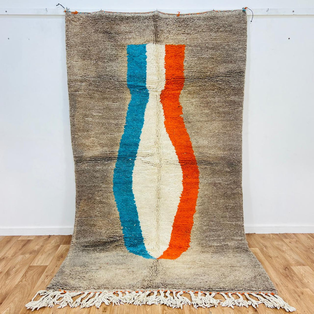 Vintage Moroccan wool rug with abstract blue, ivory and orange stripe on beige background, handmade Berber rug 264x152 cm