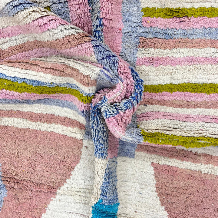 Vintage Moroccan wool rug with blush pink and neutral striped pattern