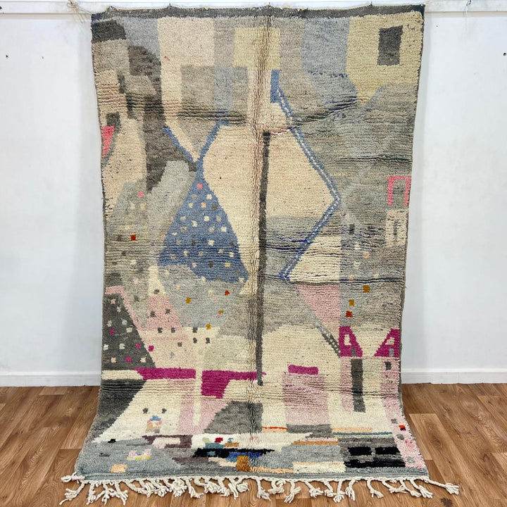 Vintage Moroccan wool rug with neutral geometric Berber design in gray, ivory, and muted blue