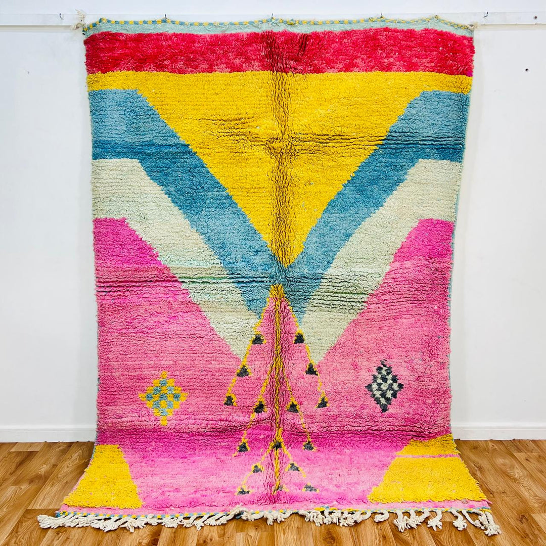 Vintage Moroccan wool rug with colorful Berber geometric and symbolic pattern, handmade in Morocco