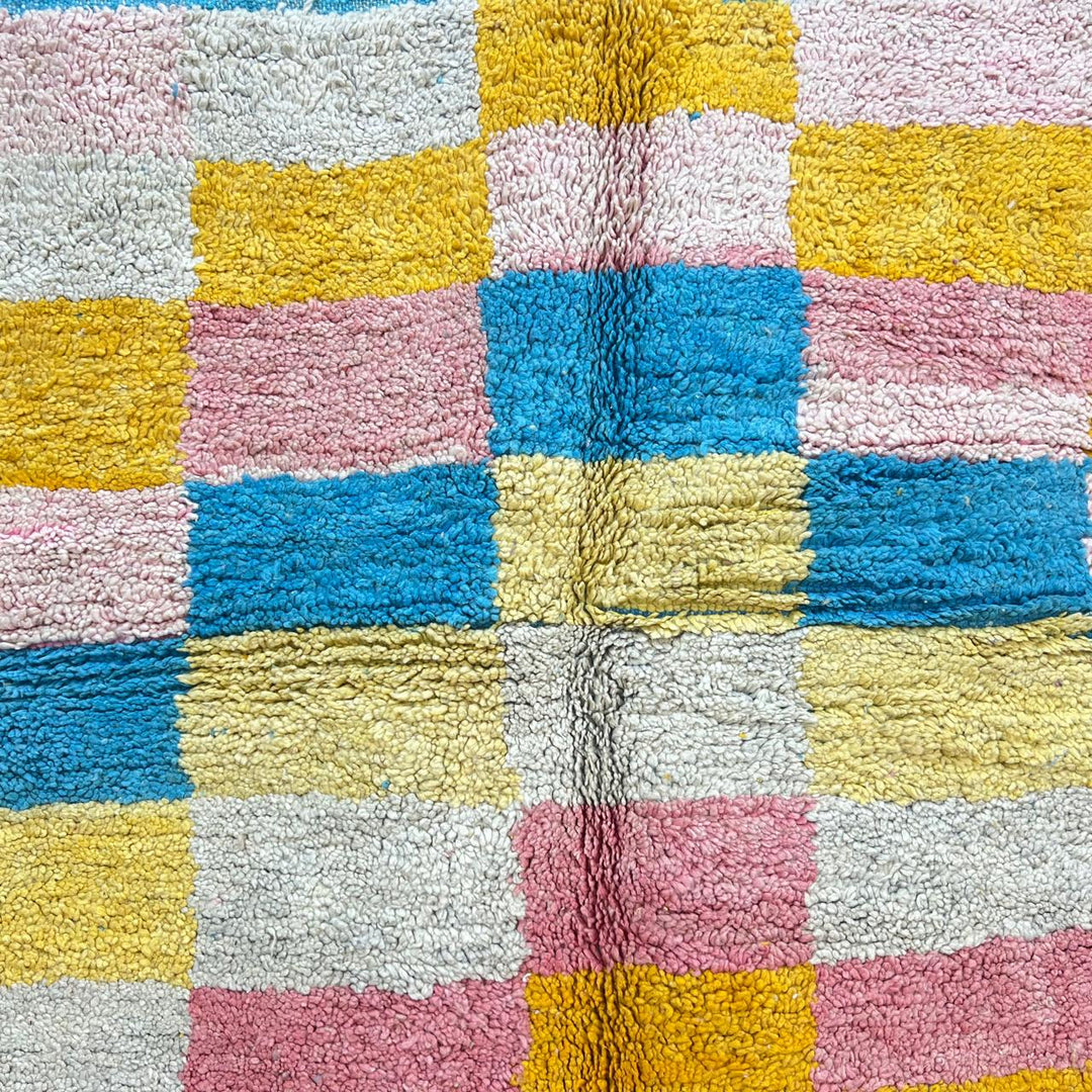 Vintage Moroccan wool rug with colorful checkered pattern in mustard yellow, blush pink, sky blue and ivory