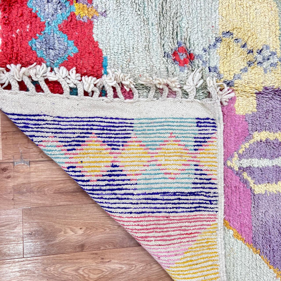 Vintage Moroccan wool rug with colorful Berber geometric patterns, handmade abstract area rug