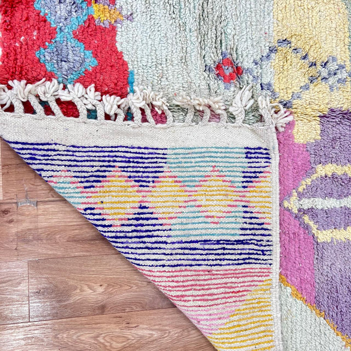 Vintage Moroccan wool rug with colorful Berber geometric patterns, handmade abstract area rug