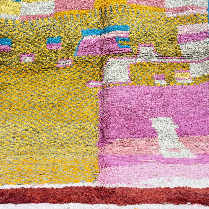 Vintage Moroccan wool rug with colorful checkered pattern in mustard yellow, blush pink, sky blue and ivory