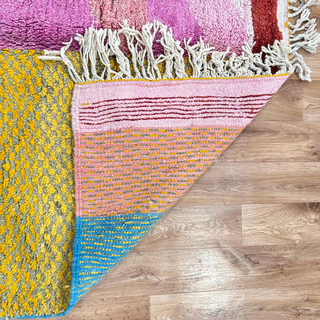 Vintage Moroccan wool rug with colorful checkered pattern in mustard yellow, blush pink, sky blue and ivory