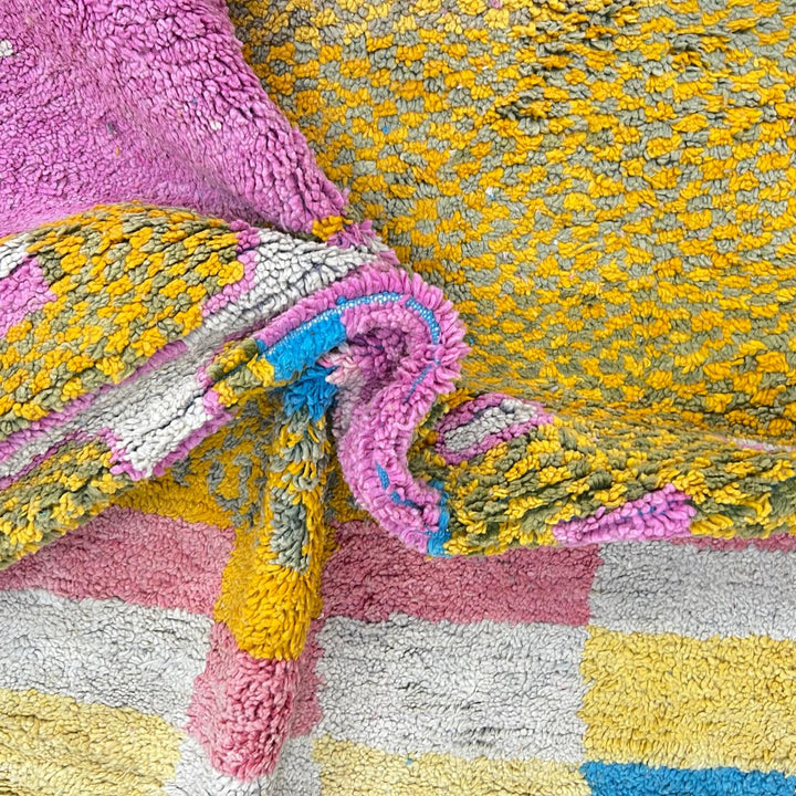Vintage Moroccan wool rug with colorful checkered pattern in mustard yellow, blush pink, sky blue and ivory