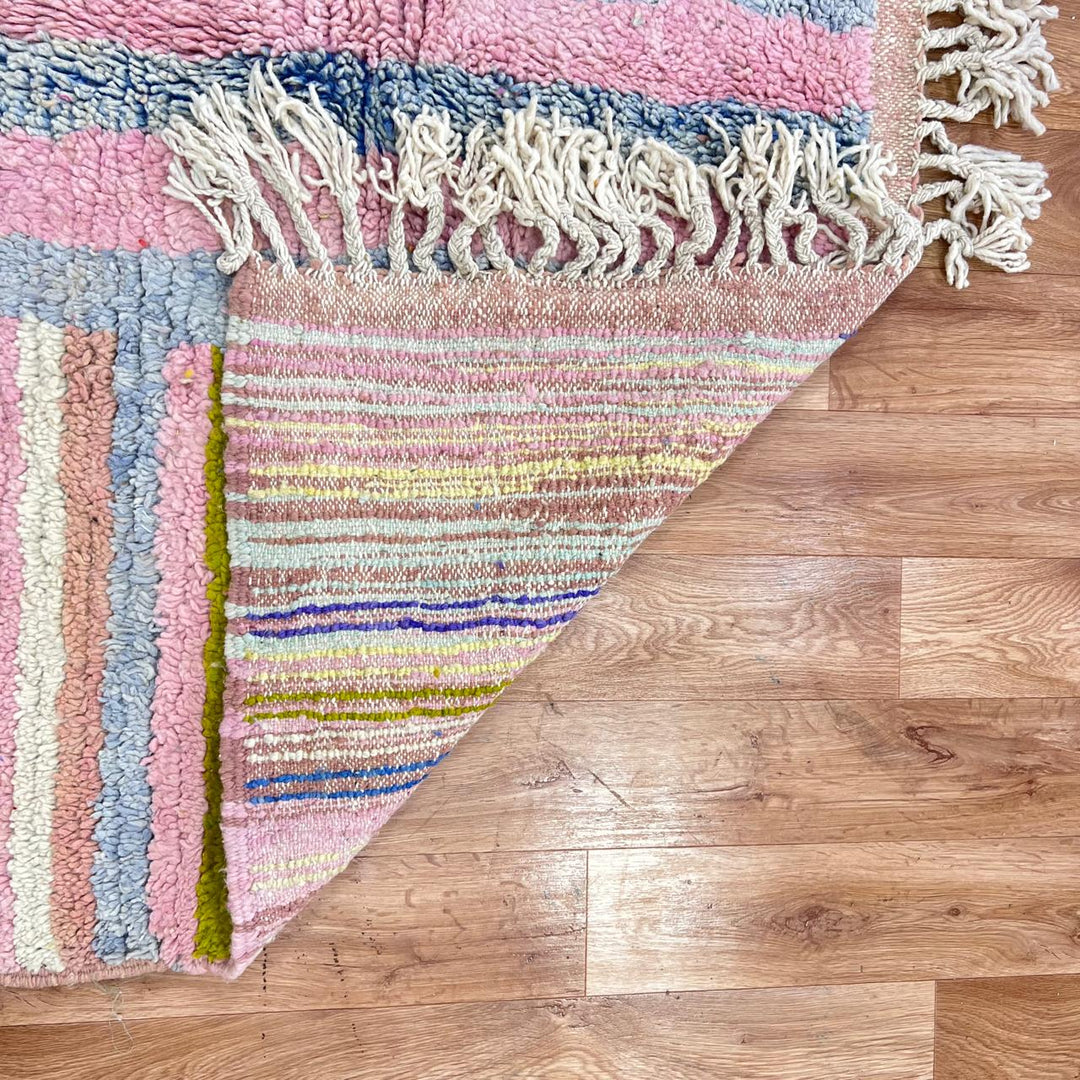 Vintage Moroccan wool rug with blush pink and neutral striped pattern