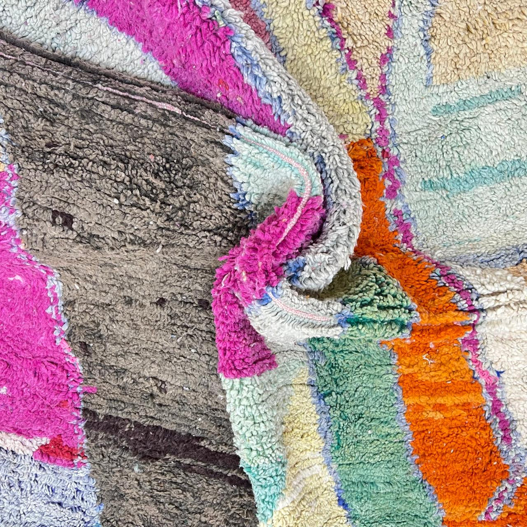 Vintage Moroccan wool rug with abstract Berber design in earthy and pastel tones, handmade in Morocco, size 238x162 cm