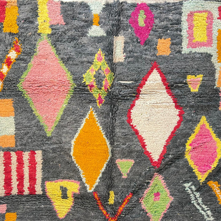 Vintage Moroccan wool rug with colorful Berber geometric pattern on gray background, handmade in Morocco, size 228 x 155 cm.