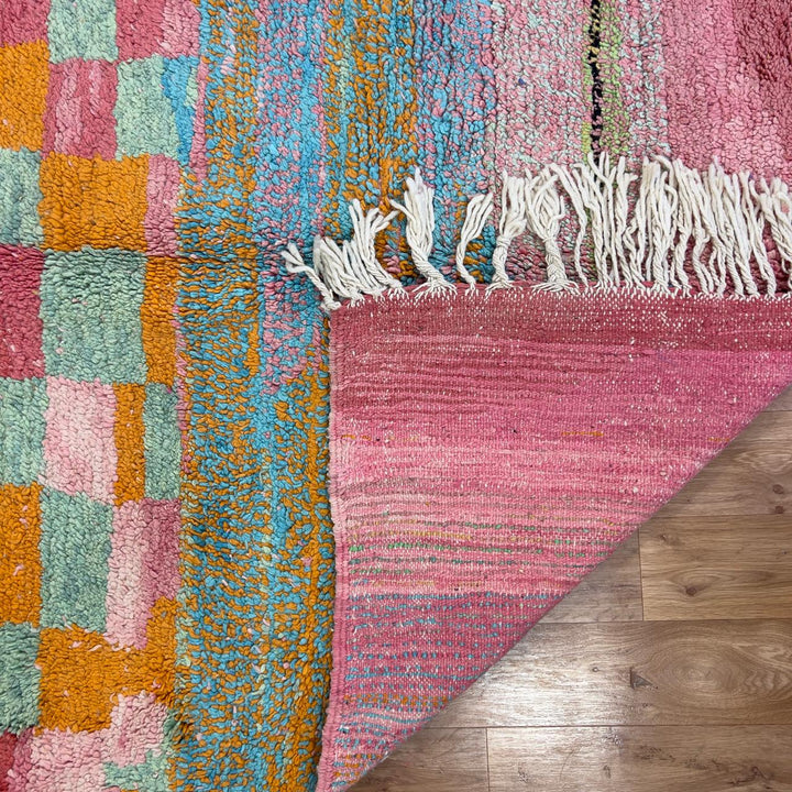 Vintage Moroccan wool rug 8.82 x 5.35 ft Rug 82 with colorful patchwork geometric design in turquoise, orange, pink, yellow and cream tones