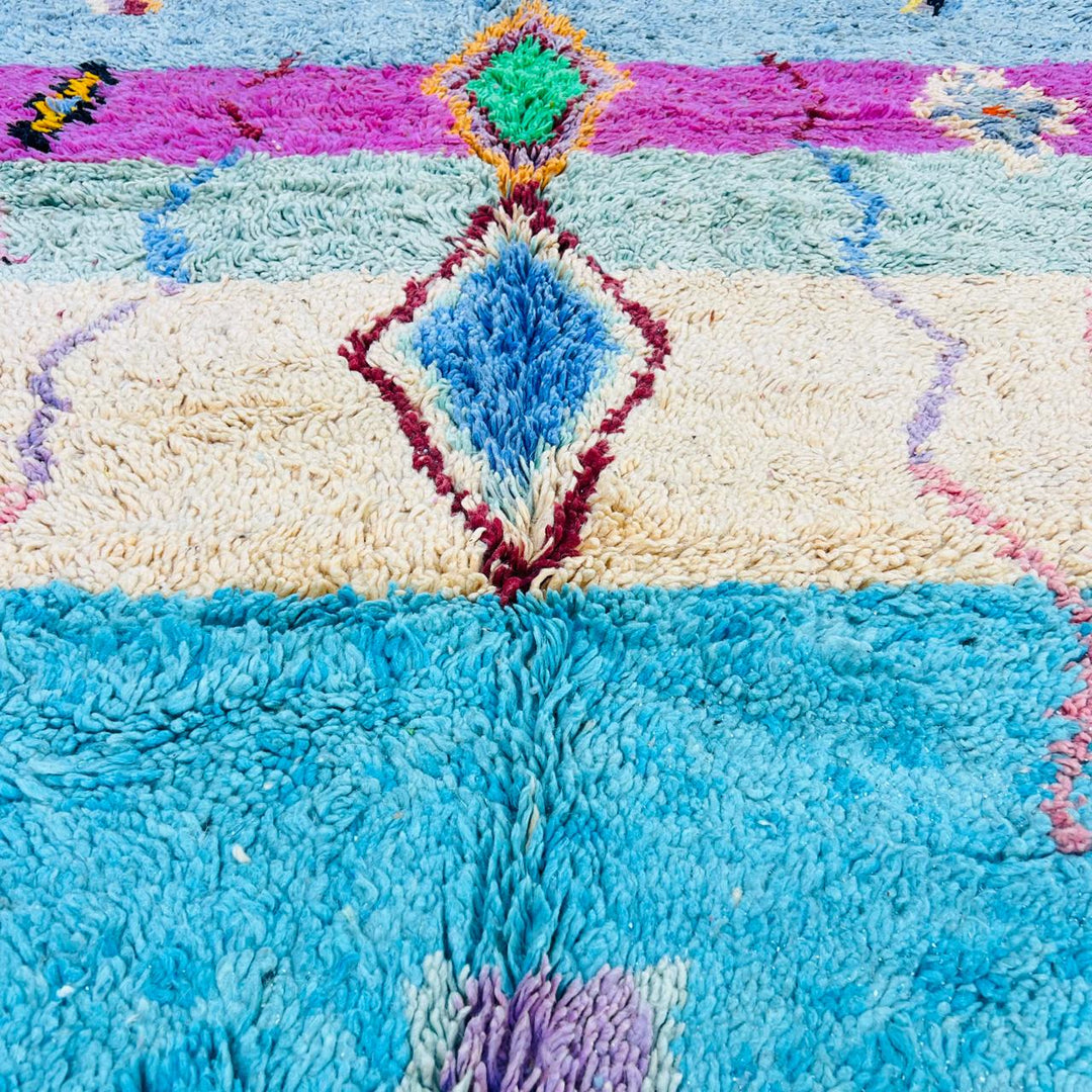 Vintage Moroccan wool rug with colorful Berber diamond and stripe patterns