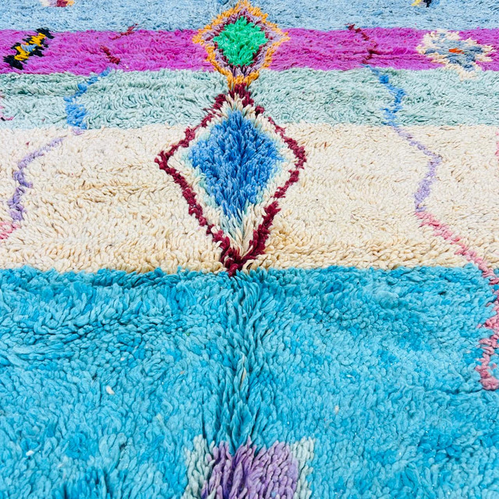 Vintage Moroccan wool rug with colorful Berber diamond and stripe patterns