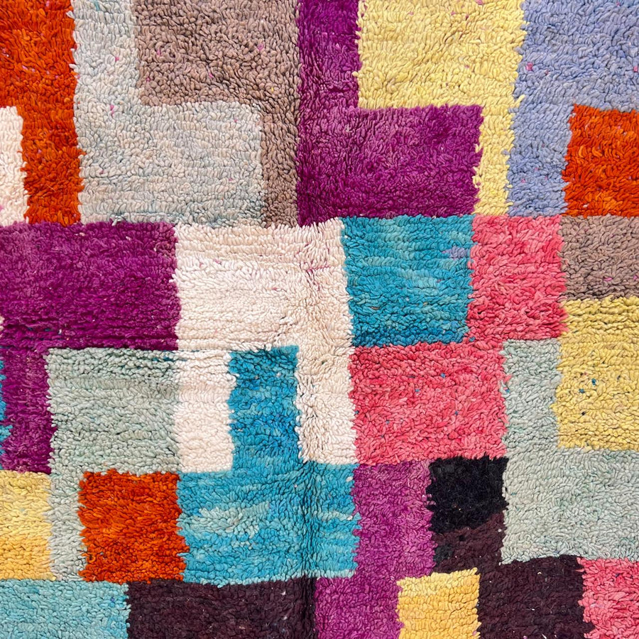 Vintage Moroccan wool rug with geometric color block design, 270x150 cm