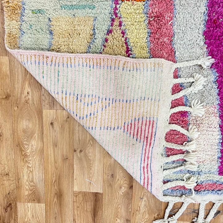 Vintage Moroccan wool rug with abstract Berber design in earthy and pastel tones, handmade in Morocco, size 238x162 cm
