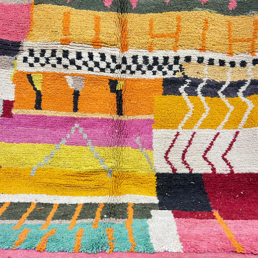 Vintage Moroccan wool rug with colorful geometric and tribal patterns, handmade Berber carpet in pink, mustard, green and ivory