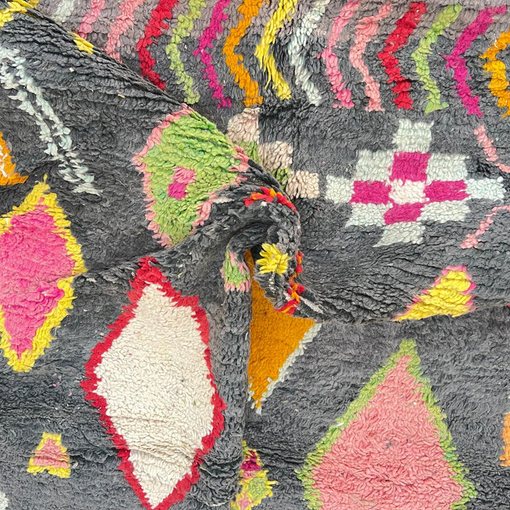 Vintage Moroccan wool rug with colorful Berber geometric pattern on gray background, handmade in Morocco, size 228 x 155 cm.