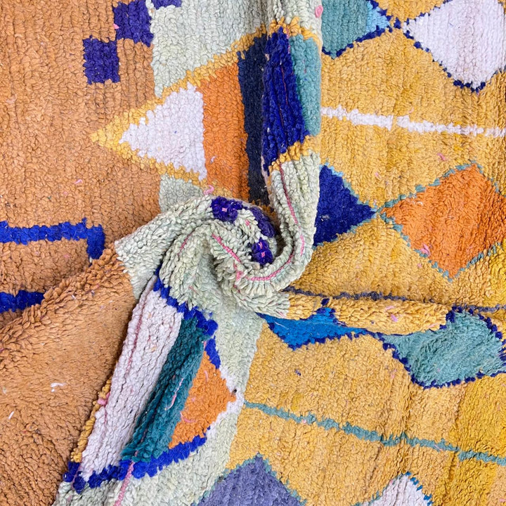 Vintage Moroccan wool rug with colorful geometric Berber diamond pattern, handmade in Morocco, size 257x150 cm.