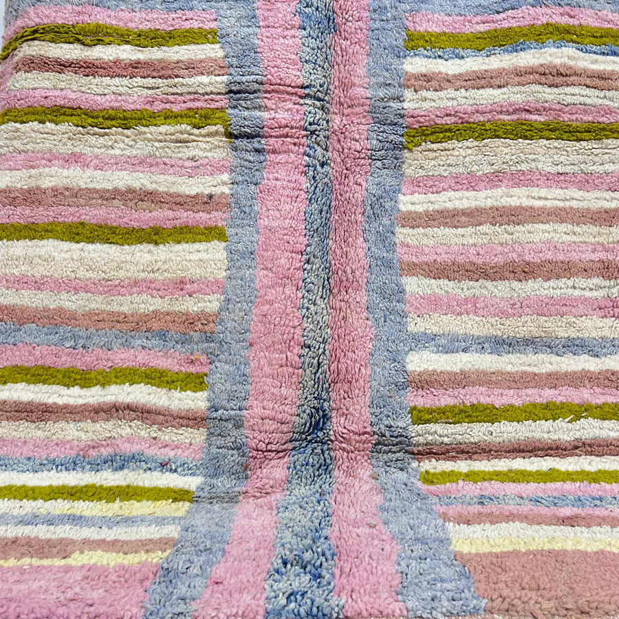 Vintage Moroccan wool rug with blush pink and neutral striped pattern