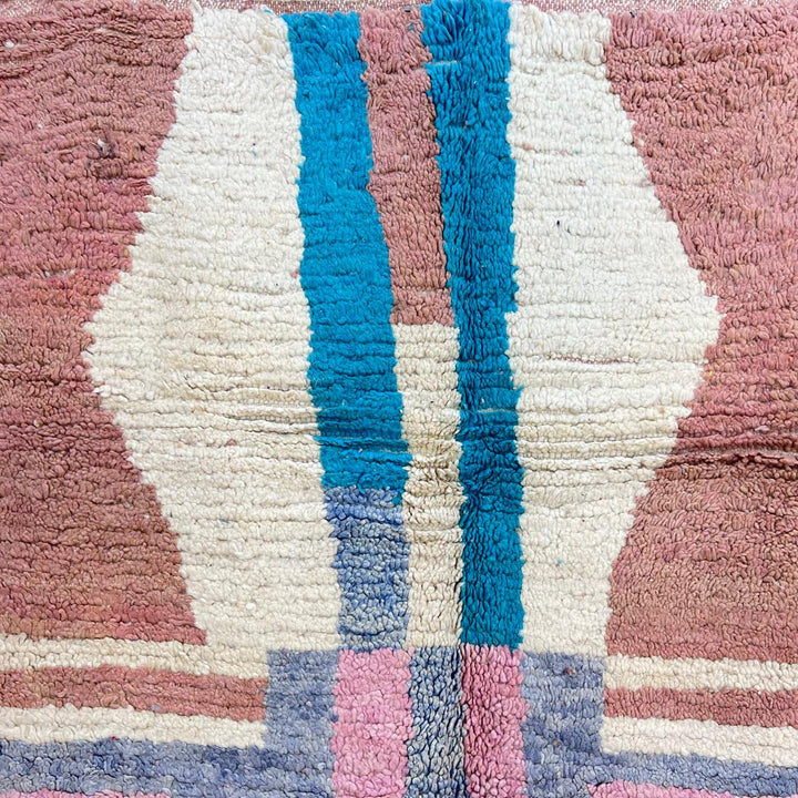 Vintage Moroccan wool rug with blush pink and neutral striped pattern