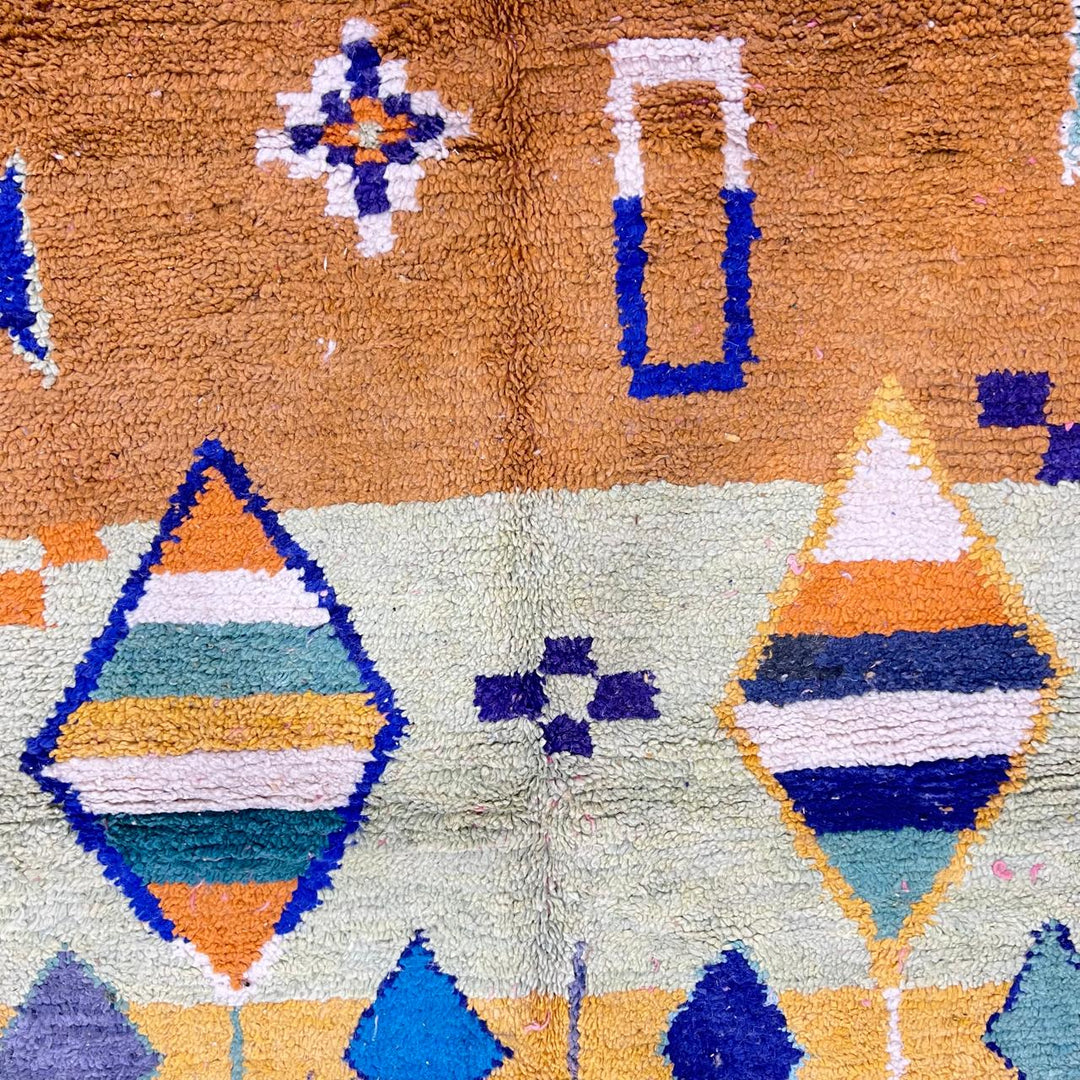 Vintage Moroccan wool rug with colorful geometric Berber diamond pattern, handmade in Morocco, size 257x150 cm.