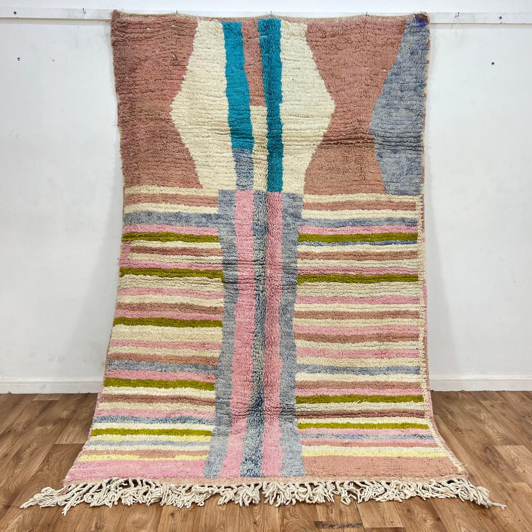 Vintage Moroccan wool rug with blush pink and neutral striped pattern