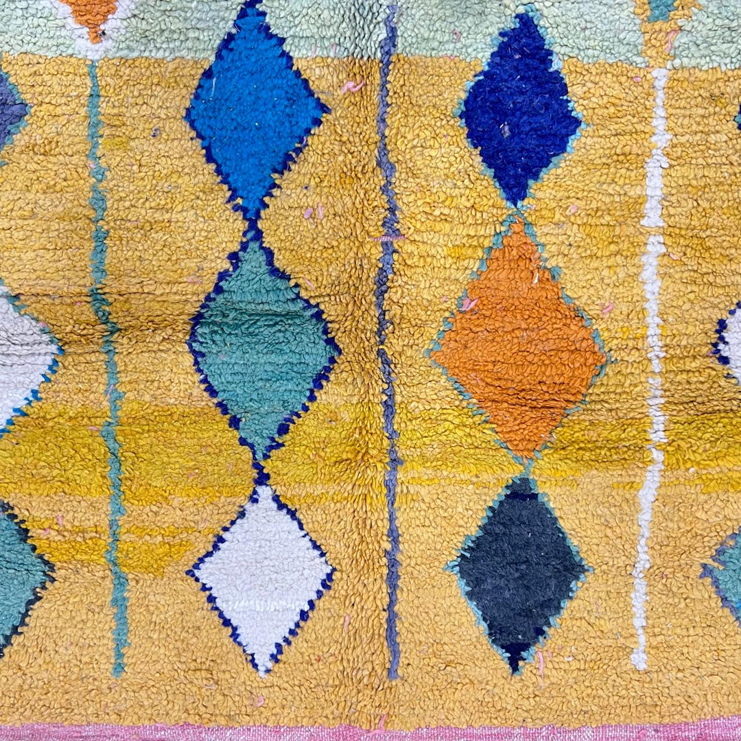 Vintage Moroccan wool rug with colorful geometric Berber diamond pattern, handmade in Morocco, size 257x150 cm.