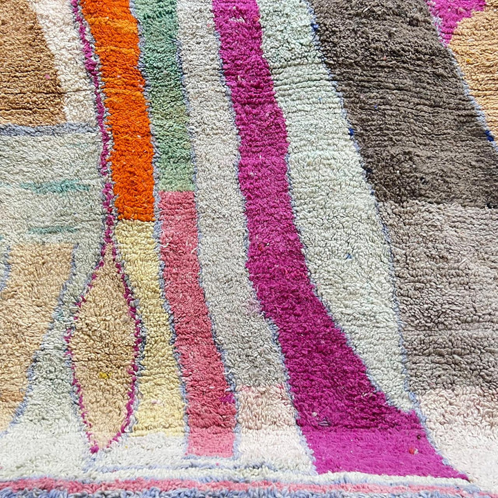 Vintage Moroccan wool rug with abstract Berber design in earthy and pastel tones, handmade in Morocco, size 238x162 cm