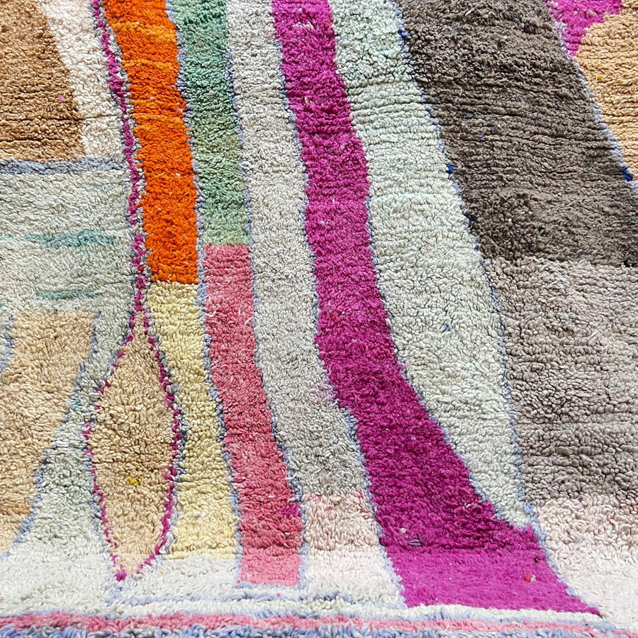 Vintage Moroccan wool rug with abstract Berber design in earthy and pastel tones, handmade in Morocco, size 238x162 cm