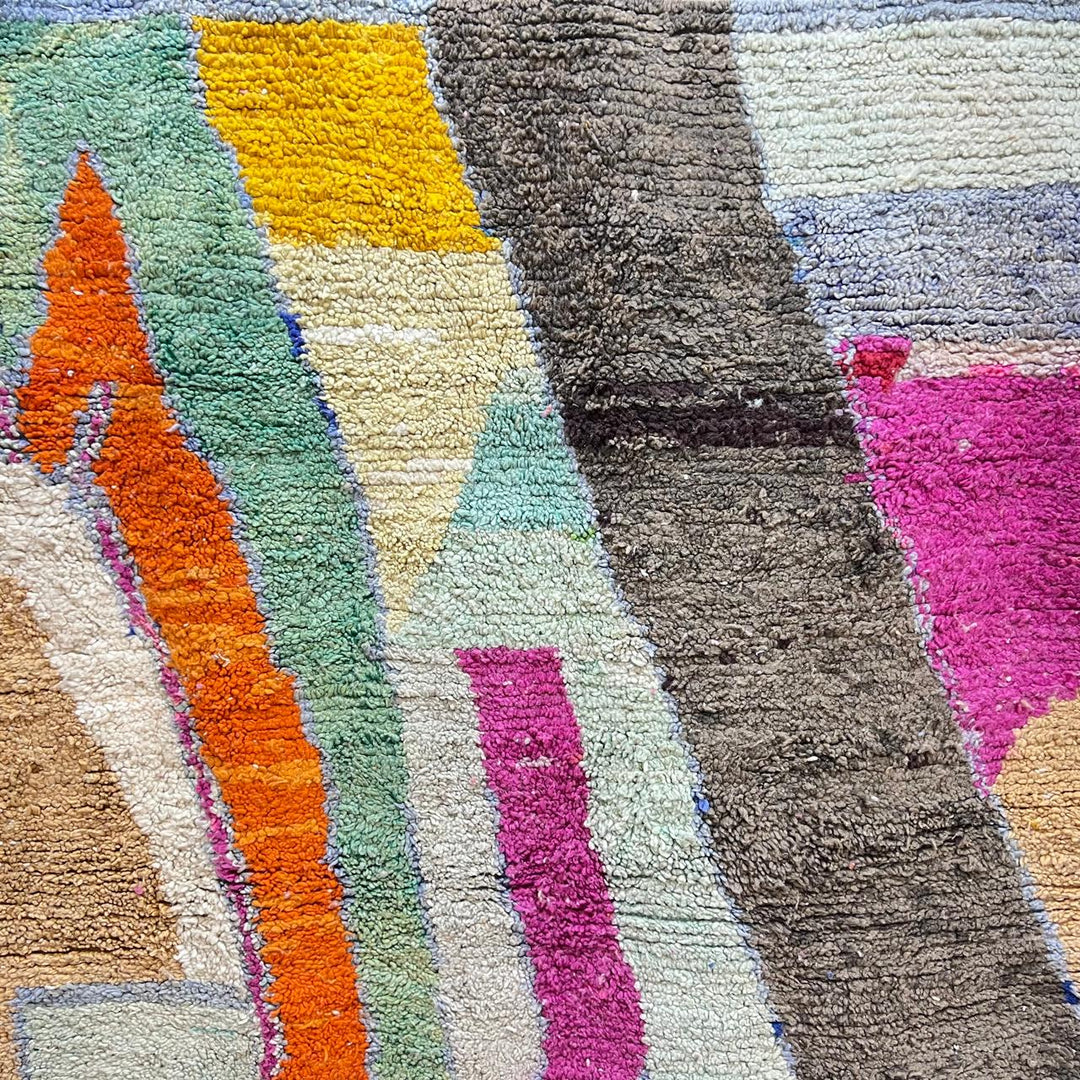 Vintage Moroccan wool rug with abstract Berber design in earthy and pastel tones, handmade in Morocco, size 238x162 cm