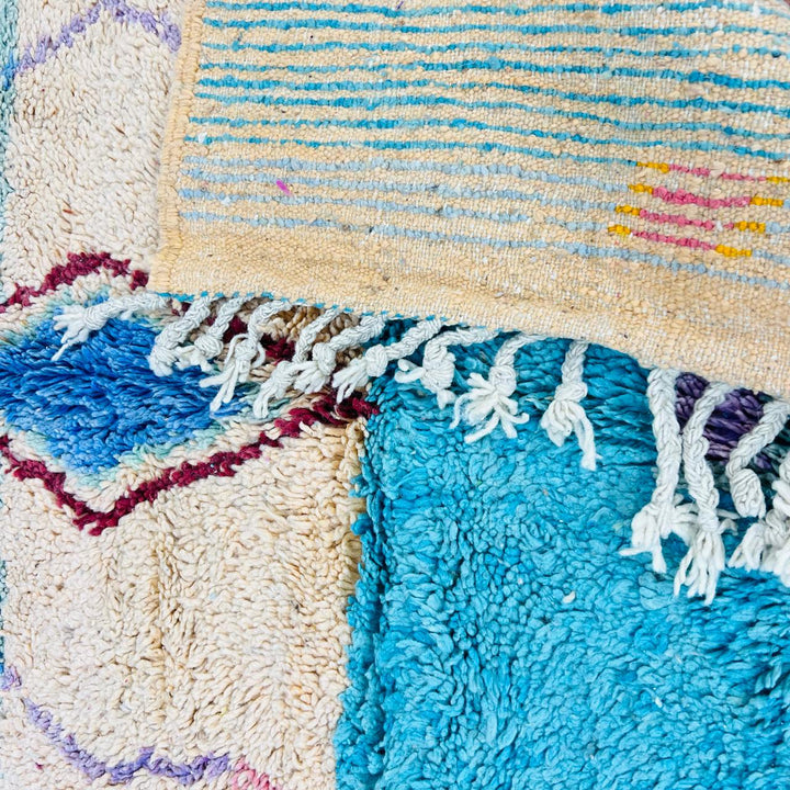Vintage Moroccan wool rug with colorful Berber diamond and stripe patterns