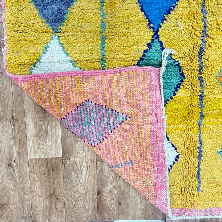 Vintage Moroccan wool rug with colorful geometric Berber diamond pattern, handmade in Morocco, size 257x150 cm.
