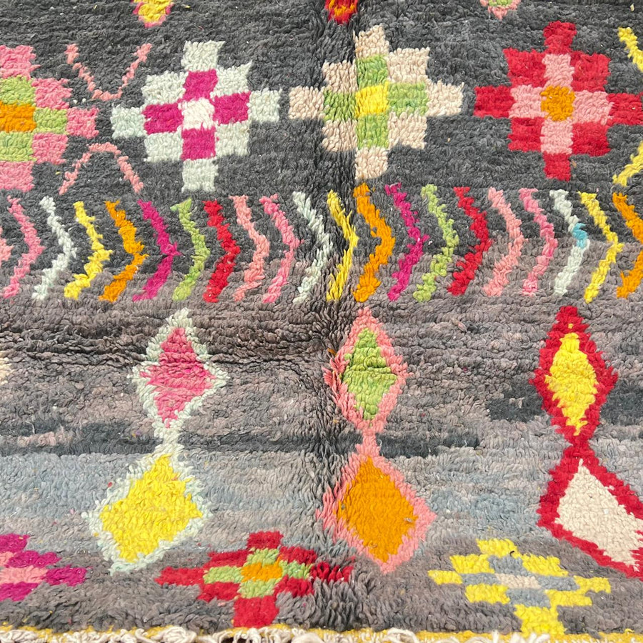 Vintage Moroccan wool rug with colorful Berber geometric pattern on gray background, handmade in Morocco, size 228 x 155 cm.