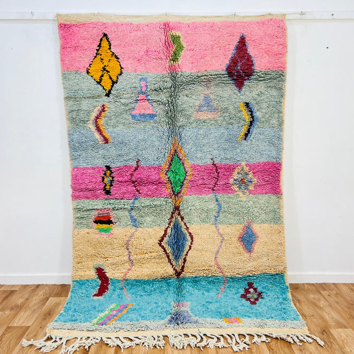 Vintage Moroccan wool rug with colorful Berber diamond and stripe patterns