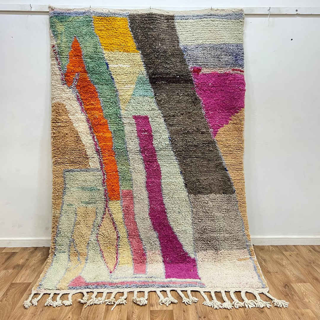 Vintage Moroccan wool rug with abstract Berber design in earthy and pastel tones, handmade in Morocco, size 238x162 cm