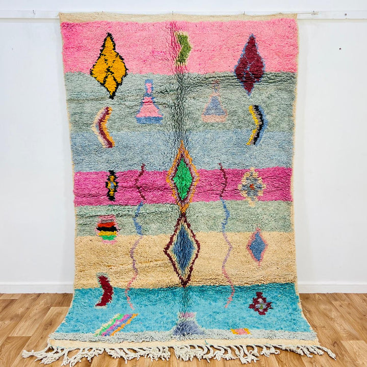 Vintage Moroccan wool rug with colorful Berber diamond and stripe patterns