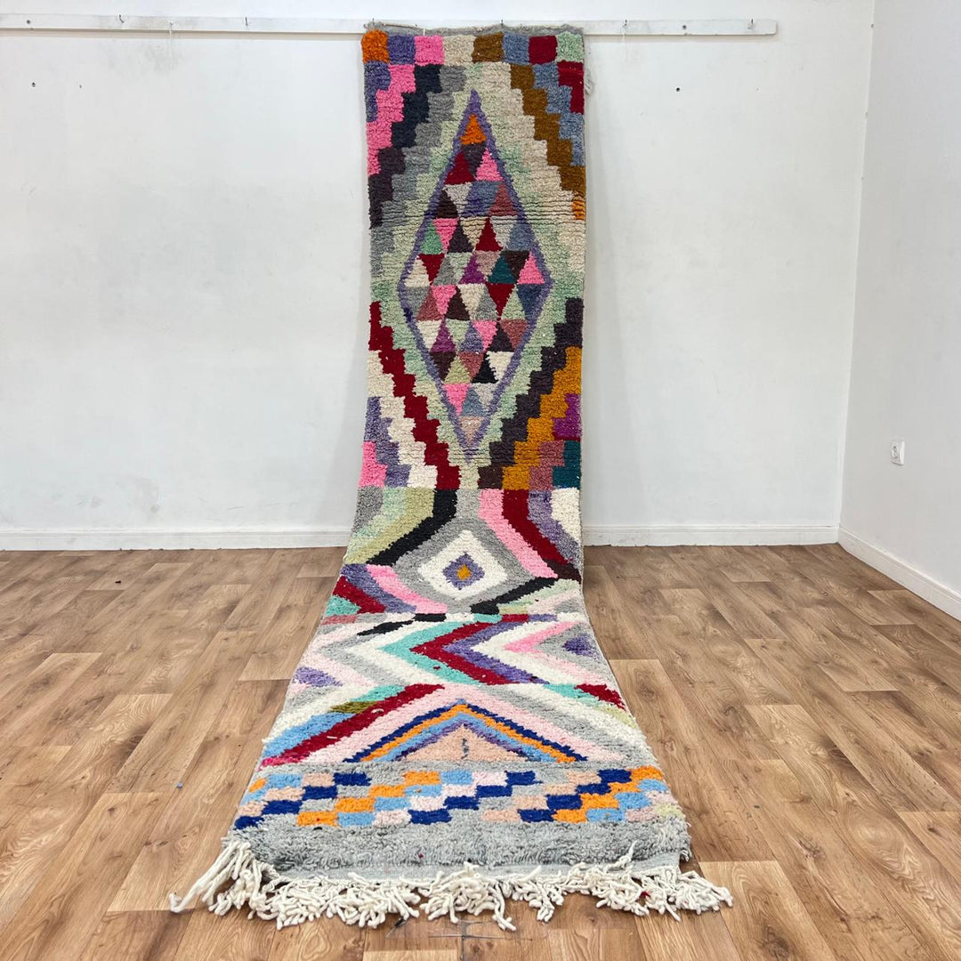 Vintage Moroccan wool runner rug with colorful Berber diamond and zigzag geometric patterns, handmade in Morocco, 383x82 cm