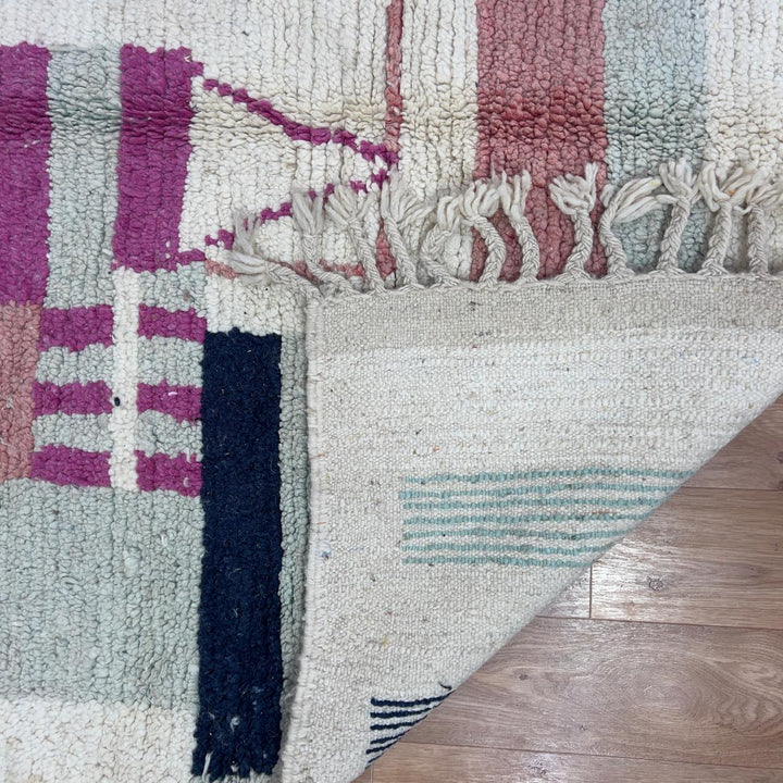 Vintage Moroccan wool rug 8.53x5.68 ft, handmade Berber shag carpet with colorful geometric tribal patterns in brown, pink, blue and mustard tones