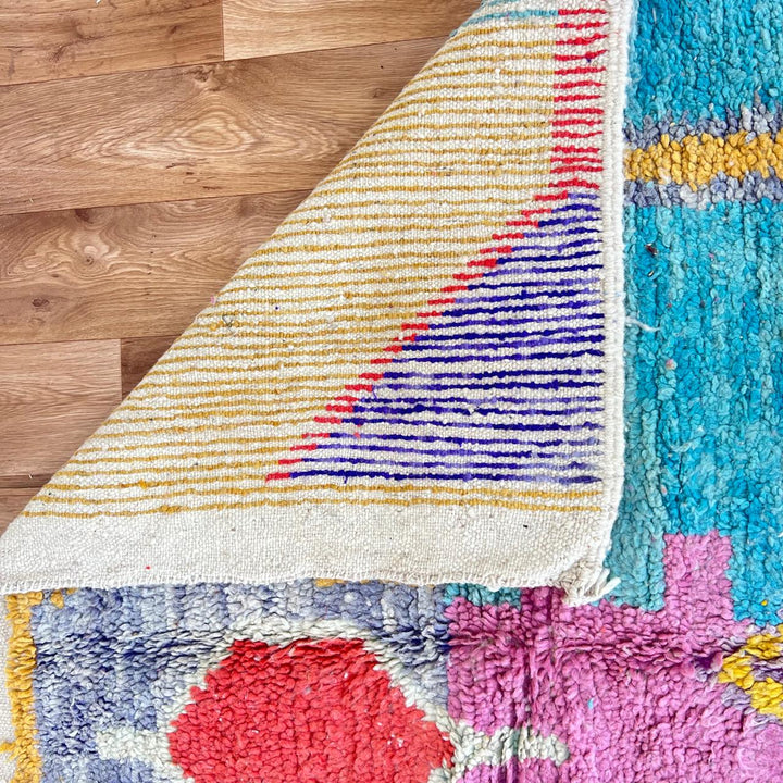 Vintage Moroccan wool rug with colorful Berber geometric patterns, handmade abstract area rug