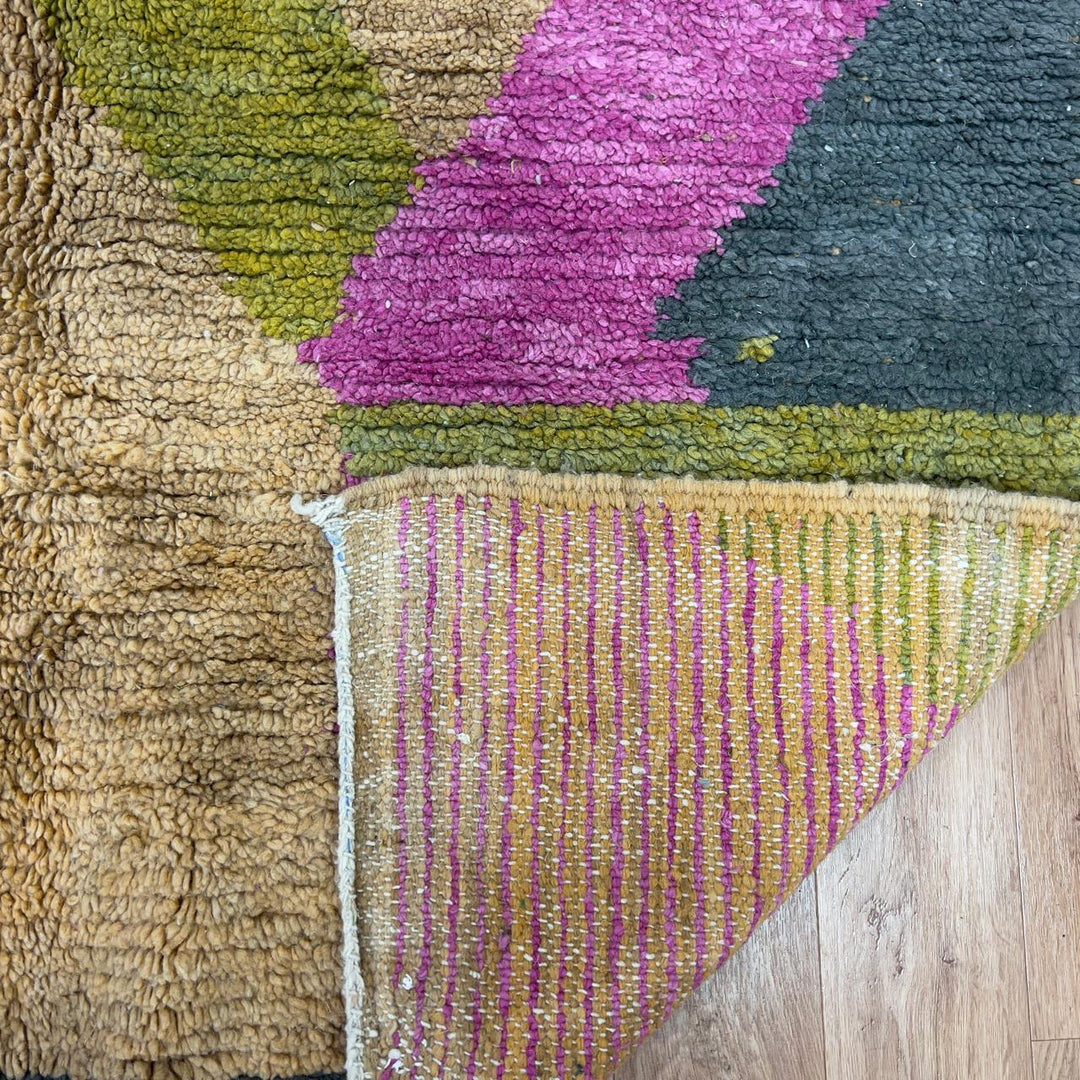Vintage Moroccan wool rug 8.04x5.35 ft, handmade Berber shag carpet with abstract geometric shapes in beige, pink, green and charcoal tones