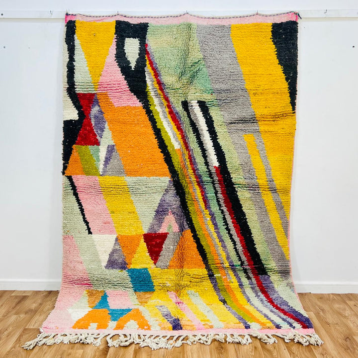 Vintage Moroccan wool rug with colorful abstract Berber geometric design, handmade in Morocco