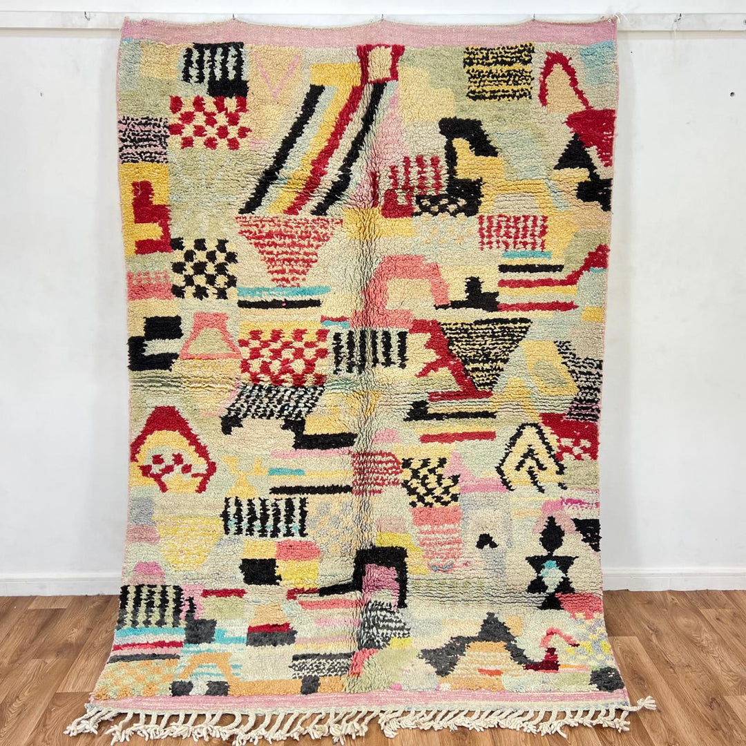 Vintage Moroccan wool rug with colorful patchwork Berber patterns, handmade in Morocco