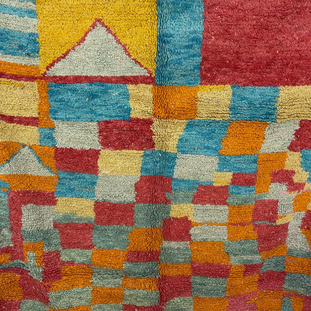 Vintage Moroccan wool rug 8.82 x 5.35 ft Rug 82 with colorful patchwork geometric design in turquoise, orange, pink, yellow and cream tones