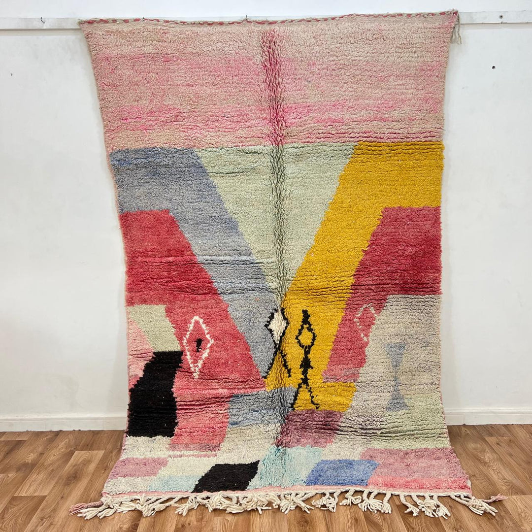 Vintage Moroccan wool rug with abstract Berber pattern in pink, yellow and blue