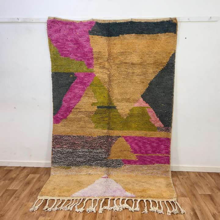 Vintage Moroccan wool rug 8.04x5.35 ft, handmade Berber shag carpet with abstract geometric shapes in beige, pink, green and charcoal tones