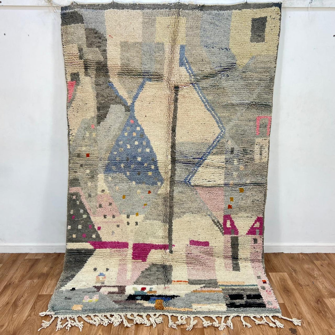 Vintage Moroccan wool rug with neutral geometric Berber design in gray, ivory, and muted blue