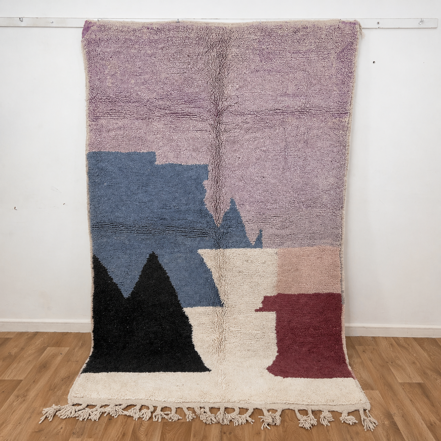 Vintage Moroccan wool rug with abstract geometric blocks in beige, dusty pink, charcoal, and burgundy tones, handmade Berber rug
