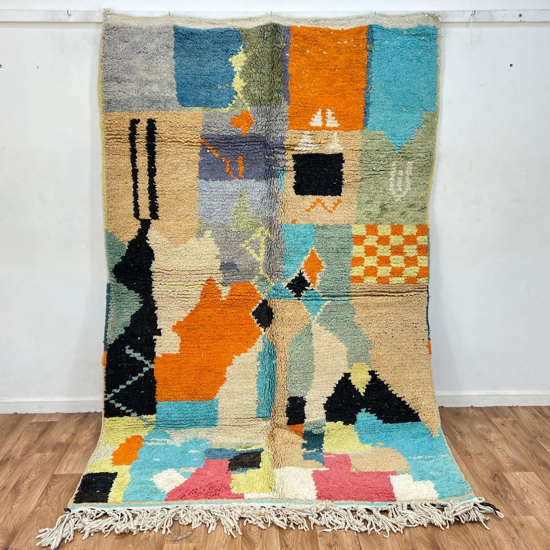 Vintage Moroccan wool rug with colorful geometric blocks in orange, beige, turquoise, green and black, handwoven Berber carpet 251x169 cm