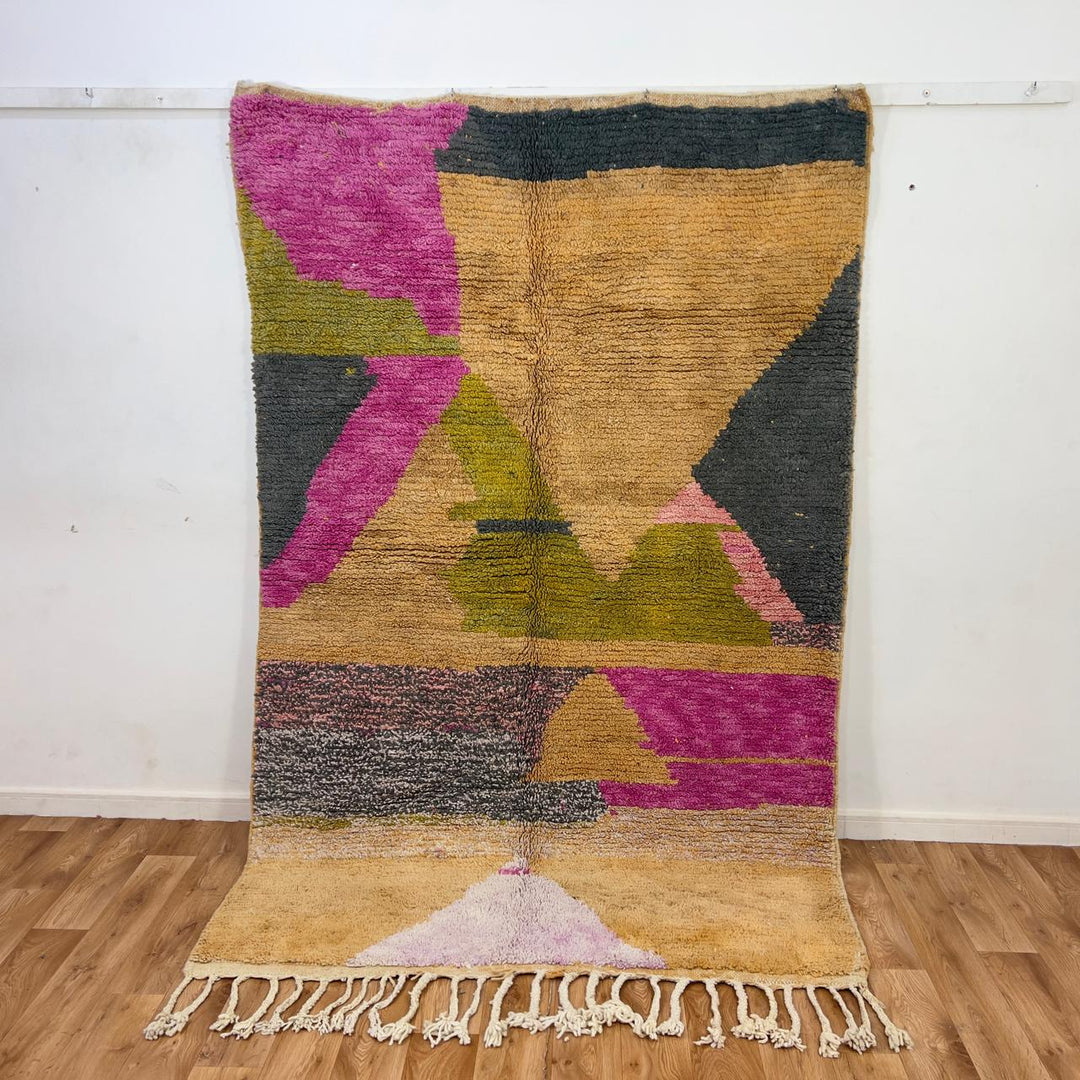 Vintage Moroccan wool rug 8.04x5.35 ft, handmade Berber shag carpet with abstract geometric shapes in beige, pink, green and charcoal tones