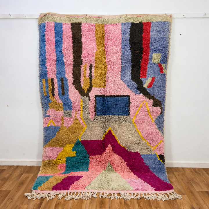 Vintage Moroccan wool rug 7.80x5.35 ft, handmade Berber shag rug with abstract geometric design in pink, grey, beige and burgundy tones
